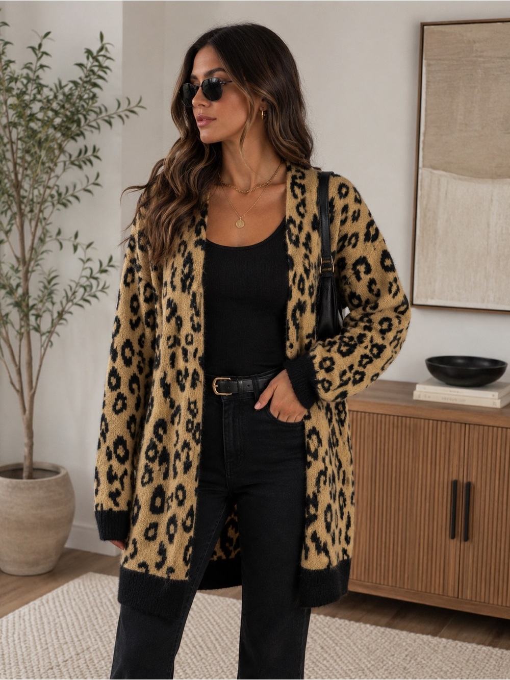 Carly Jean Los Angeles Leopard Print Open-Front Cardigan - Tan & Black